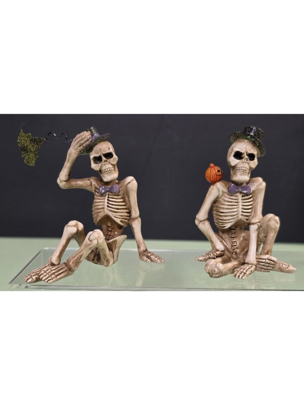 Halloween Skeleton Figurines Set of 2 Top Hat Pumpkin Bat Resin Decor